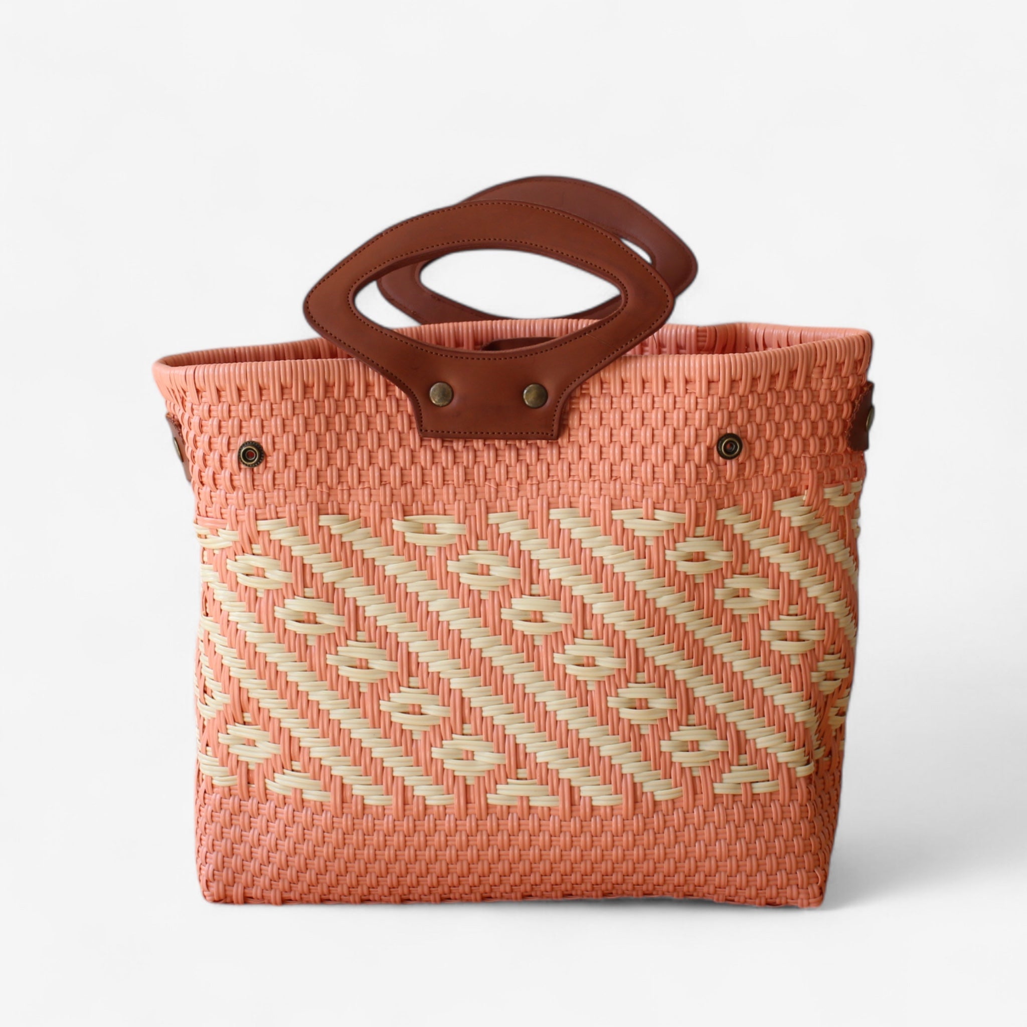 Coral & Cream Handwoven Tote with Leather Handles