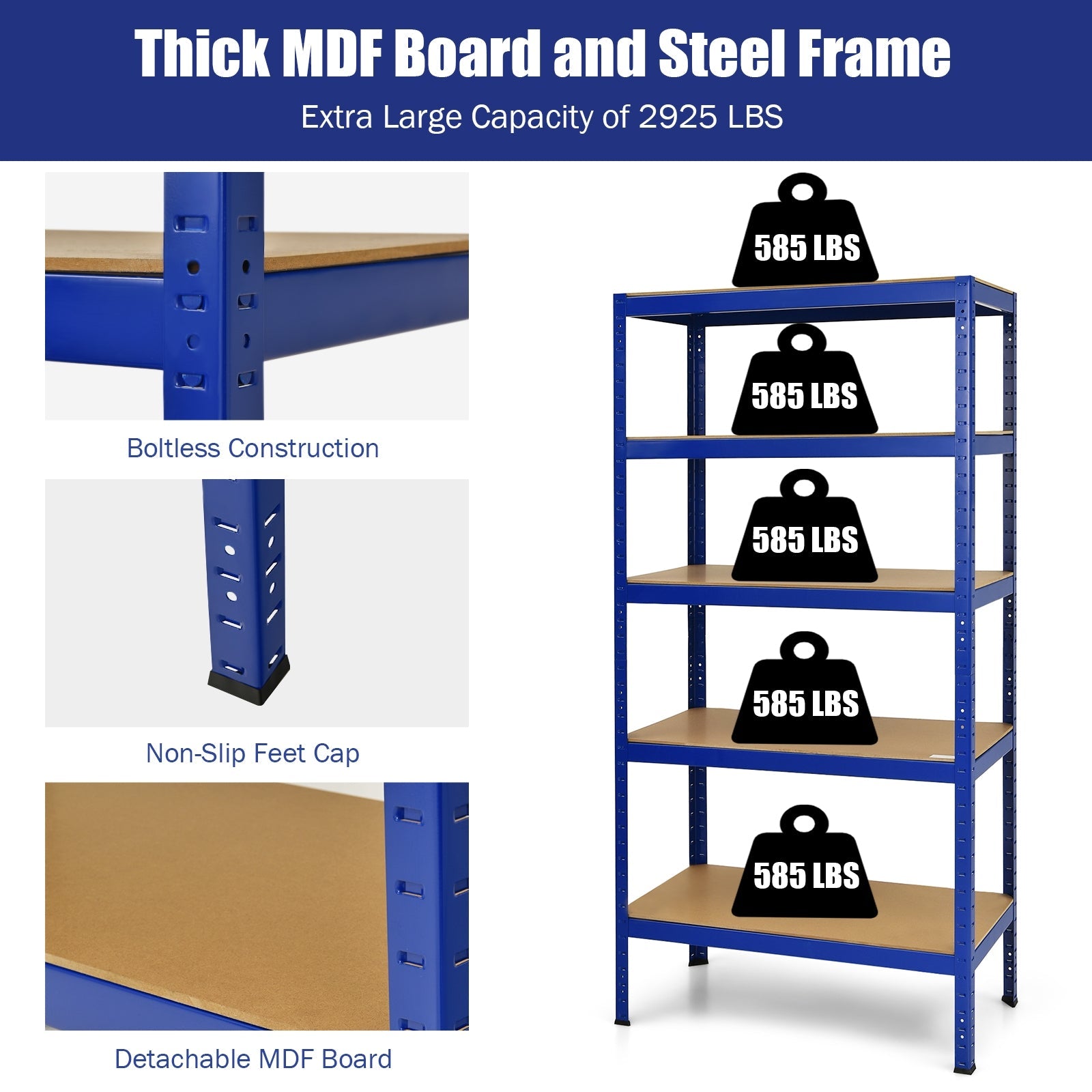 71 inch Heavy Duty Steel Adjustable 5 Level Storage Shelves-Blue