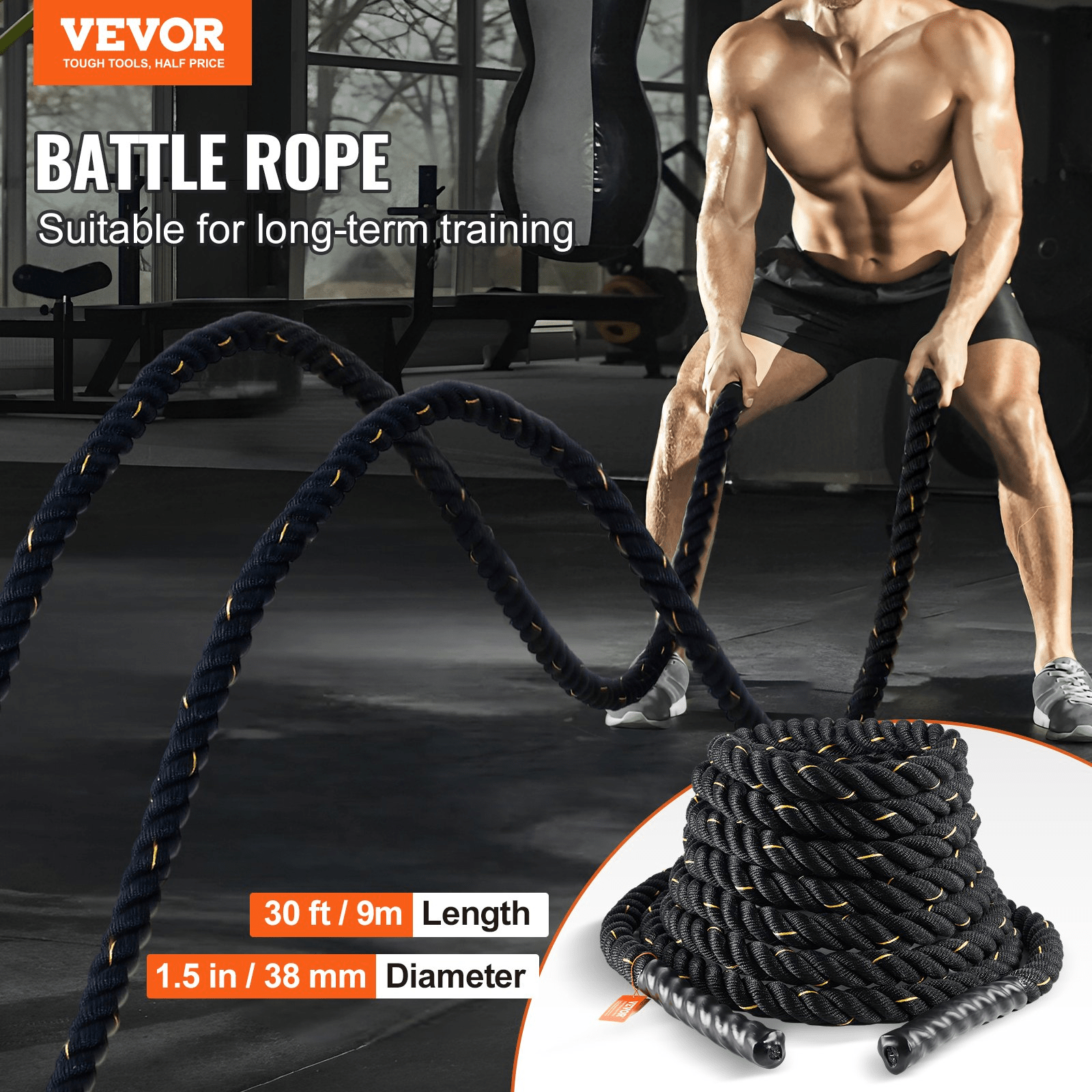 VEVOR Premium Battle Rope - 1.5" x 30ft for Home Gym & Strength Training
