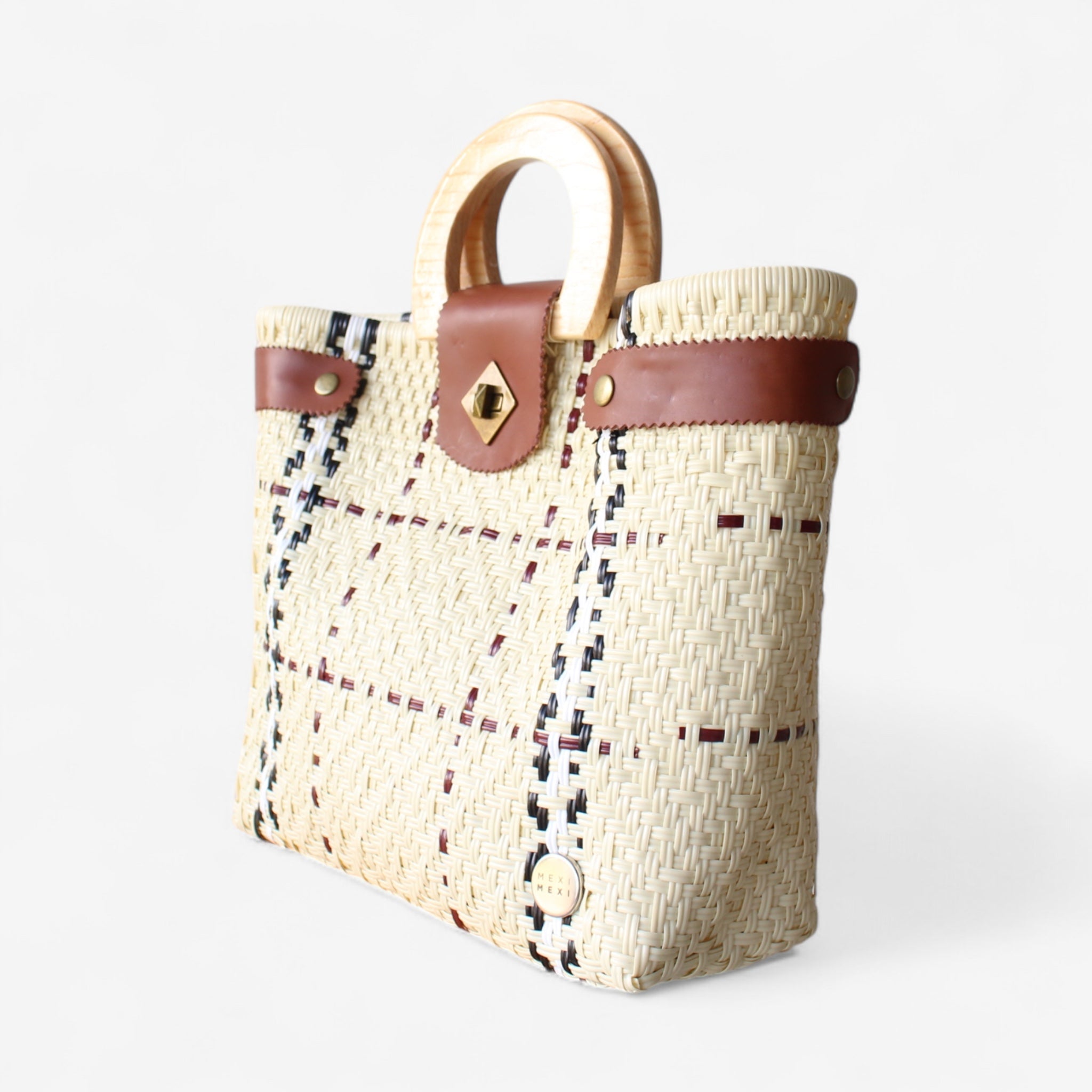 Beige, Black & Red Tote Wood Handles