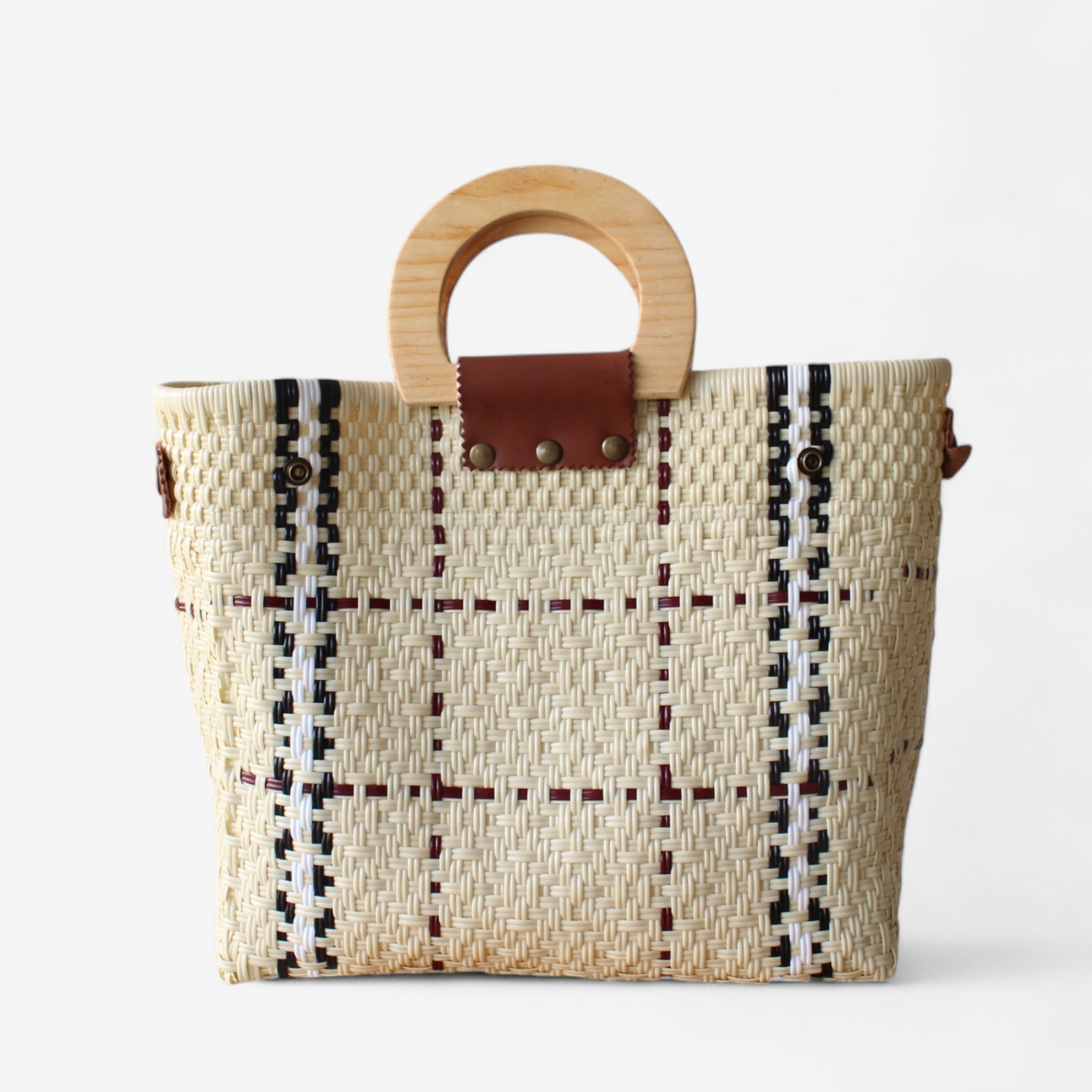 Beige, Black & Red Tote Wood Handles