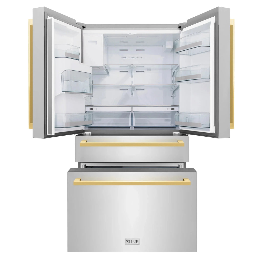 ZLINE Autograph Edition 36" 4-Door French Door Refrigerator, Water, Ice Dispenser, Stainless Steel, Polished Gold Square Handles RFMZ-W-36-FG