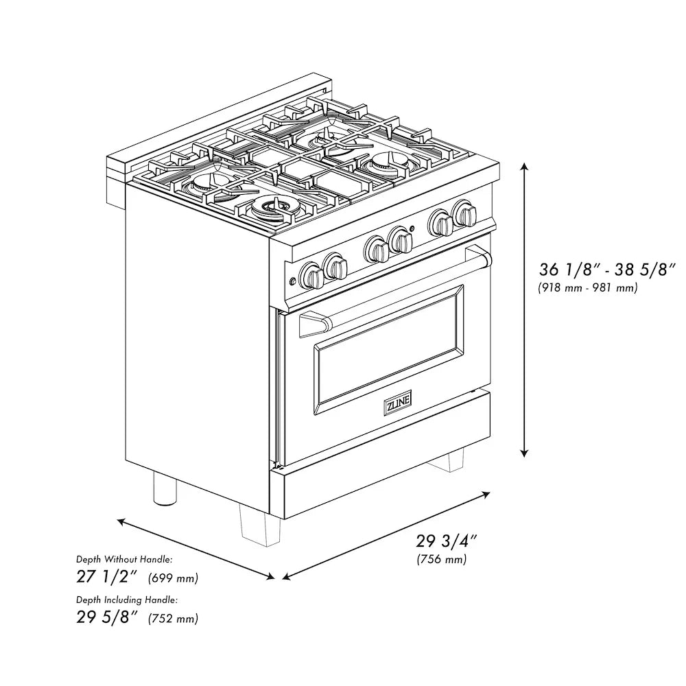 ZLINE 30" Bundle Range RAS-RM-30 & Range Hood 8654RM-30, 2KP-RASRMRH30
