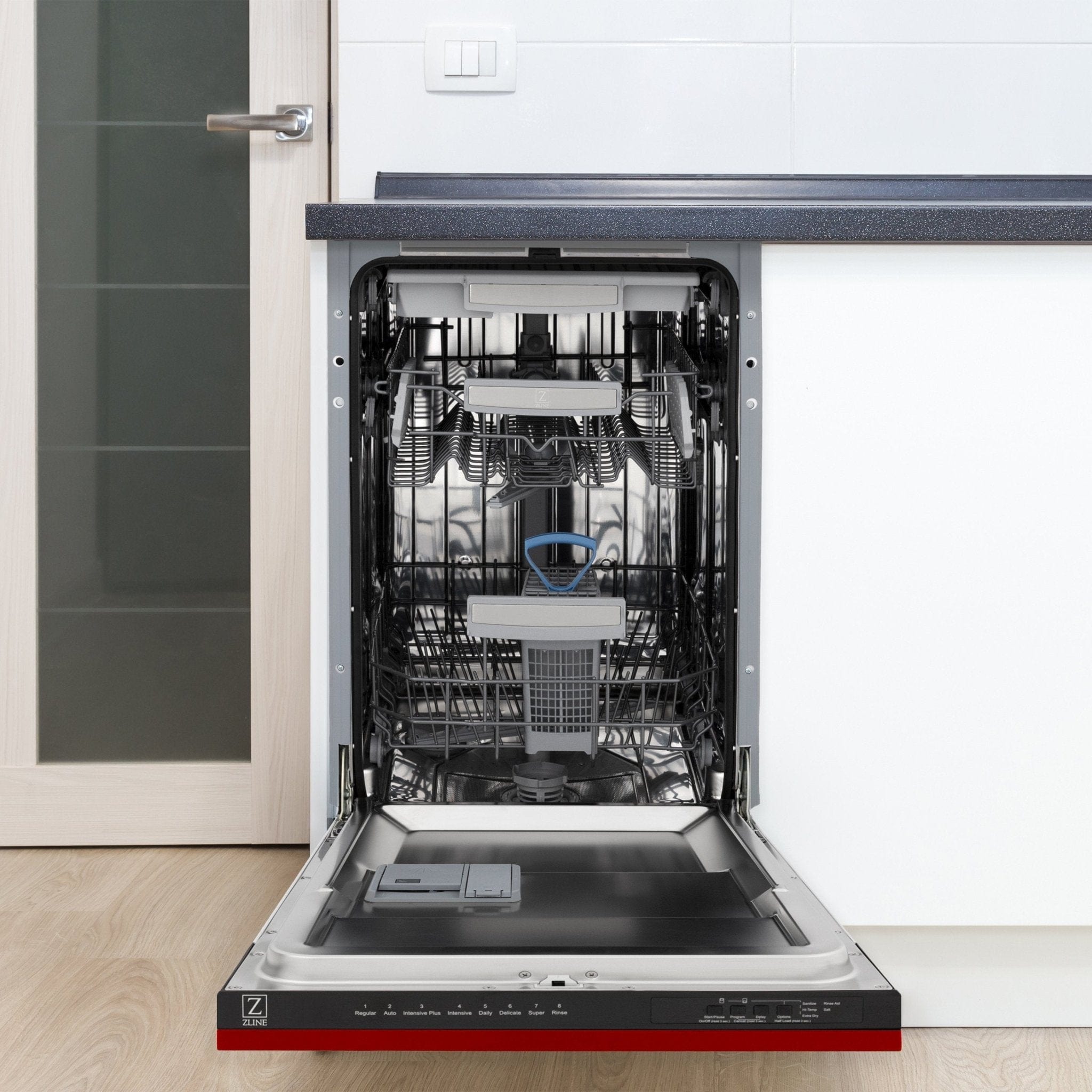 ZLINE 18" Dishwasher, Red Gloss panel, Stainless Tub, DWV-RG-18