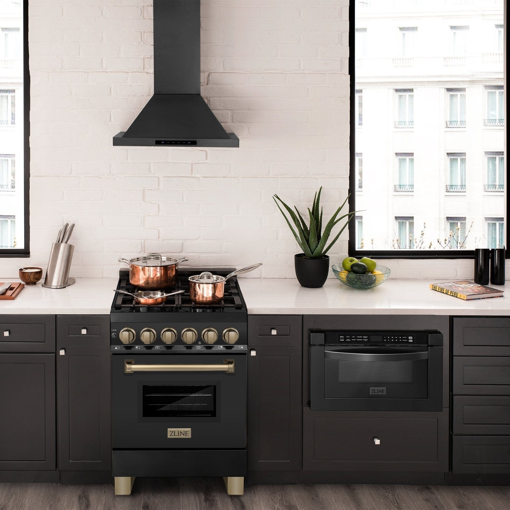 ZLINE 24" Autograph Dual Fuel Range Black Stainless, Bronze RABZ-24-CB