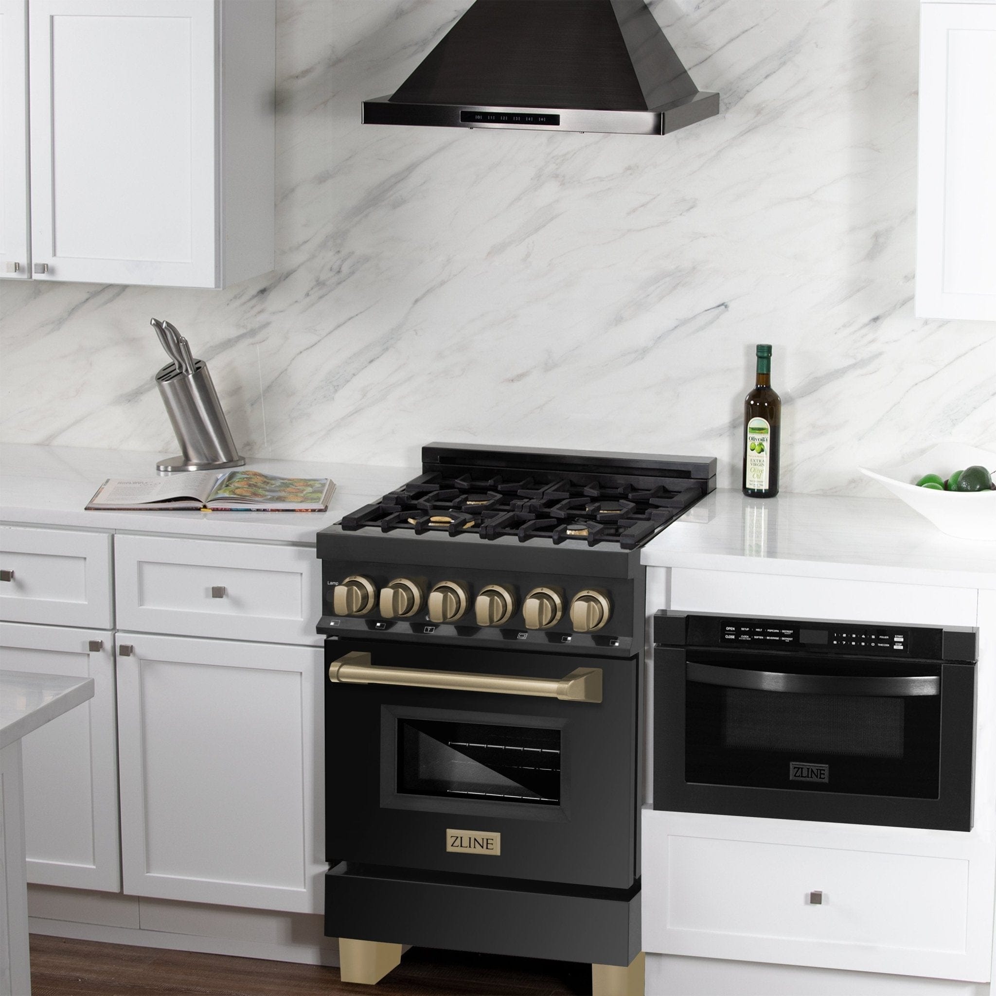 ZLINE 24" Autograph Dual Fuel Range Black Stainless, Bronze RABZ-24-CB
