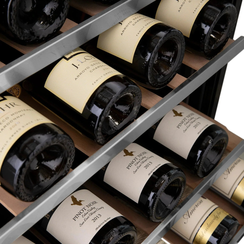 ZLINE 24" Autograph Edition Dual Zone 44-Bottle Wine Cooler in Stainless Steel with Wood Shelf and Gold Accents RWVZ-UD-24-G