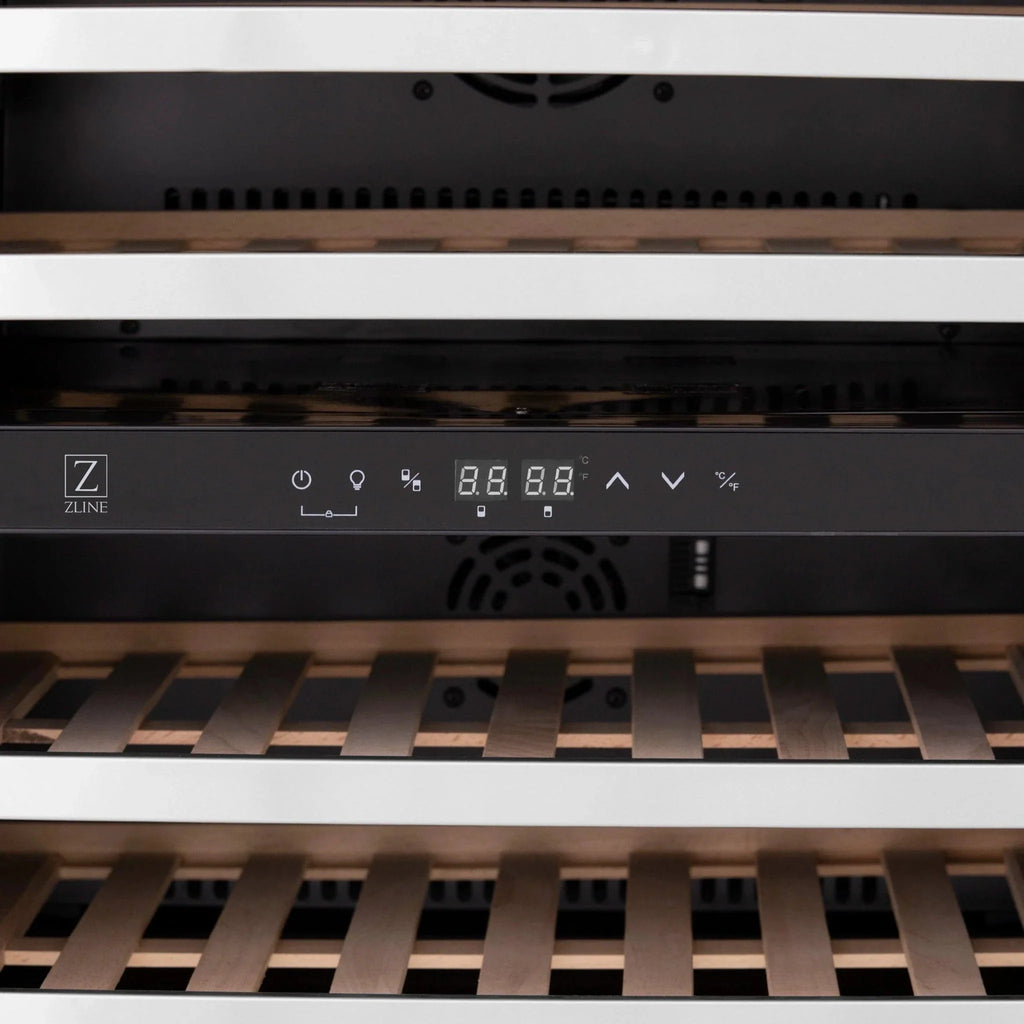 ZLINE 24" Autograph Edition Dual Zone 44-Bottle Wine Cooler in Stainless Steel with Wood Shelf and Gold Accents RWVZ-UD-24-G
