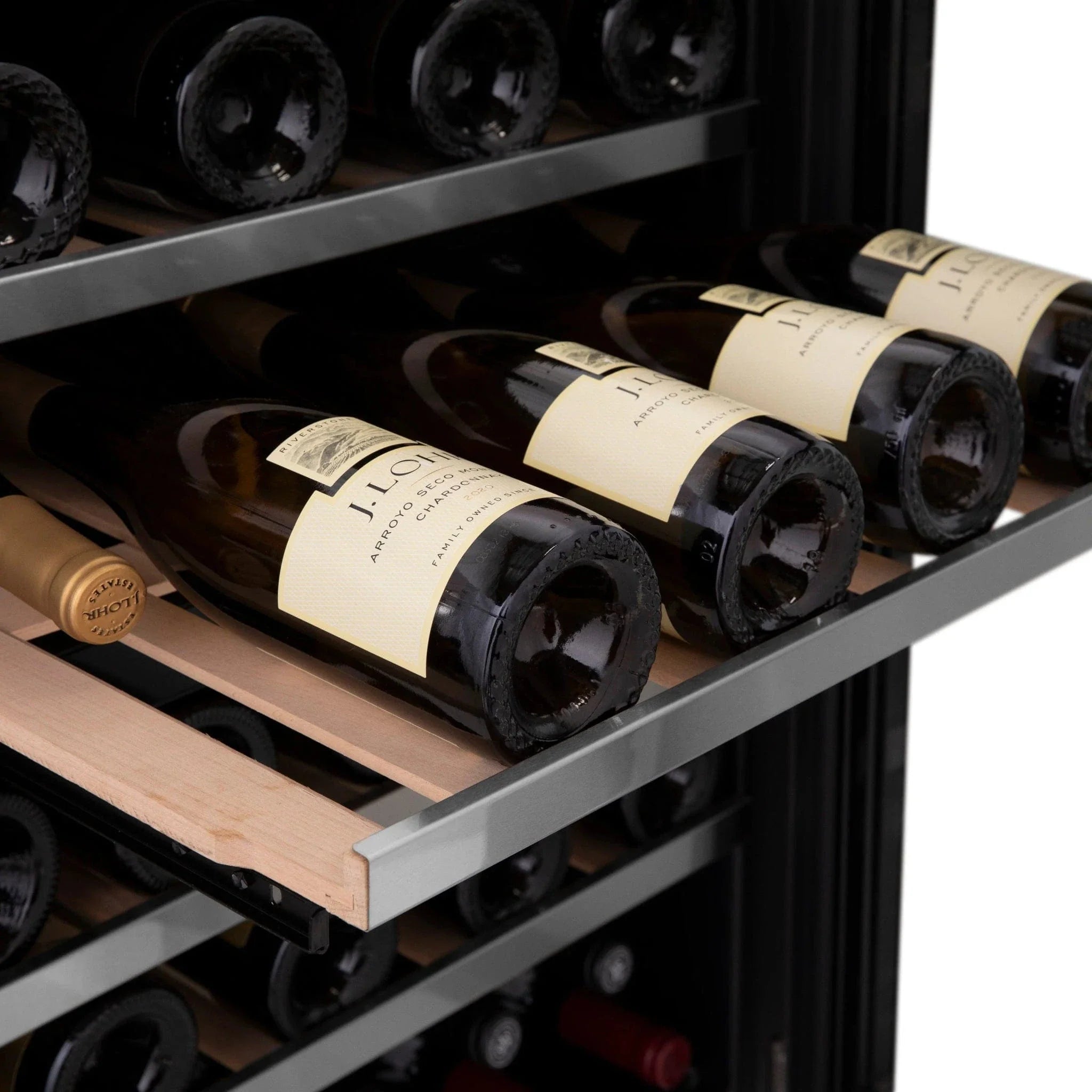 ZLINE 24" Autograph Edition Dual Zone 44-Bottle Wine Cooler in Stainless Steel with Wood Shelf and Gold Accents RWVZ-UD-24-G