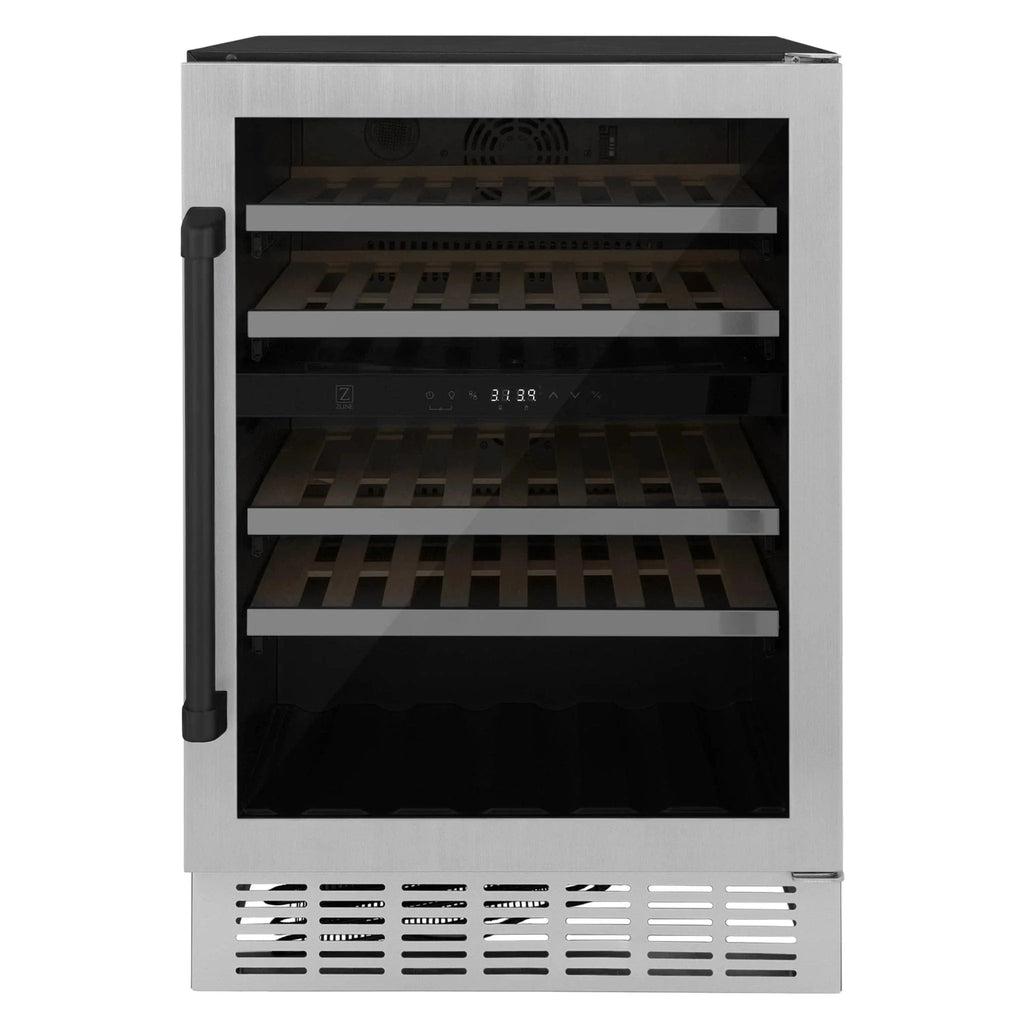 ZLINE 24" Autograph Edition Dual Zone 44-Bottle Wine Cooler in Stainless Steel with Wood Shelf and Matte Black Accents RWVZ-UD-24-MB