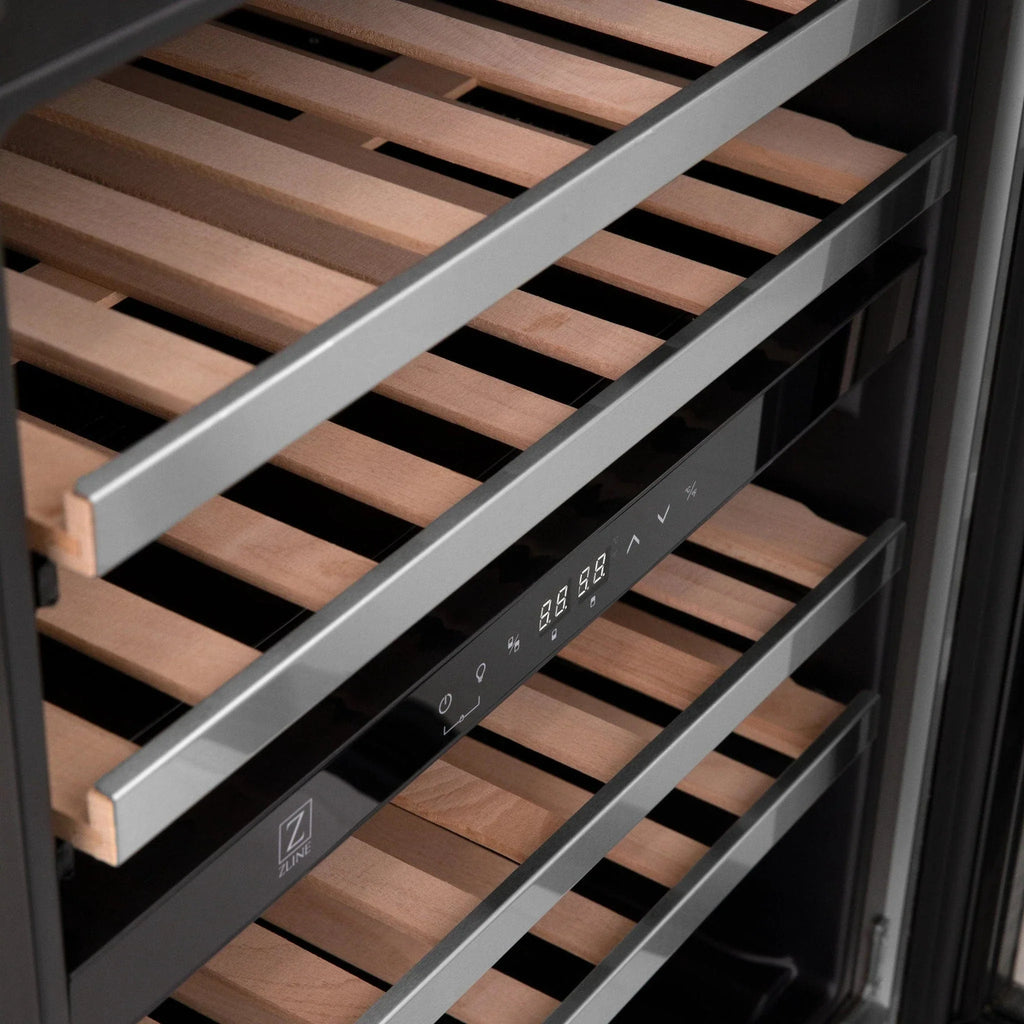 ZLINE 24" Autograph Edition Dual Zone 44-Bottle Wine Cooler in Stainless Steel with Wood Shelf and Matte Black Accents RWVZ-UD-24-MB