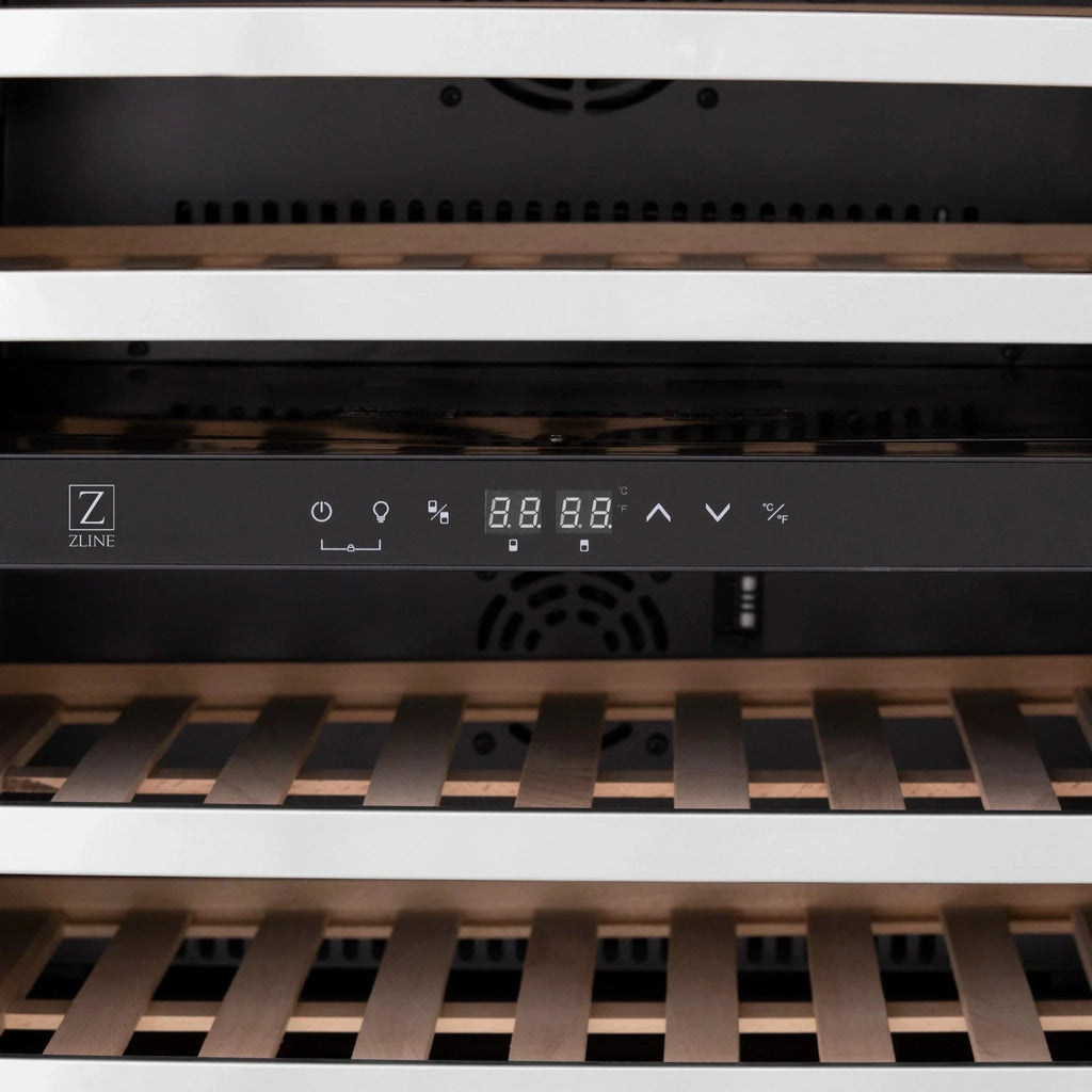 ZLINE 24" Autograph Edition Dual Zone 44-Bottle Wine Cooler in Stainless Steel with Wood Shelf and Matte Black Accents RWVZ-UD-24-MB
