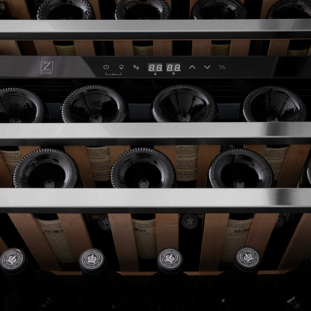 ZLINE 24" Autograph Edition Dual Zone 44-Bottle Wine Cooler in Stainless Steel with Wood Shelf and Matte Black Accents RWVZ-UD-24-MB