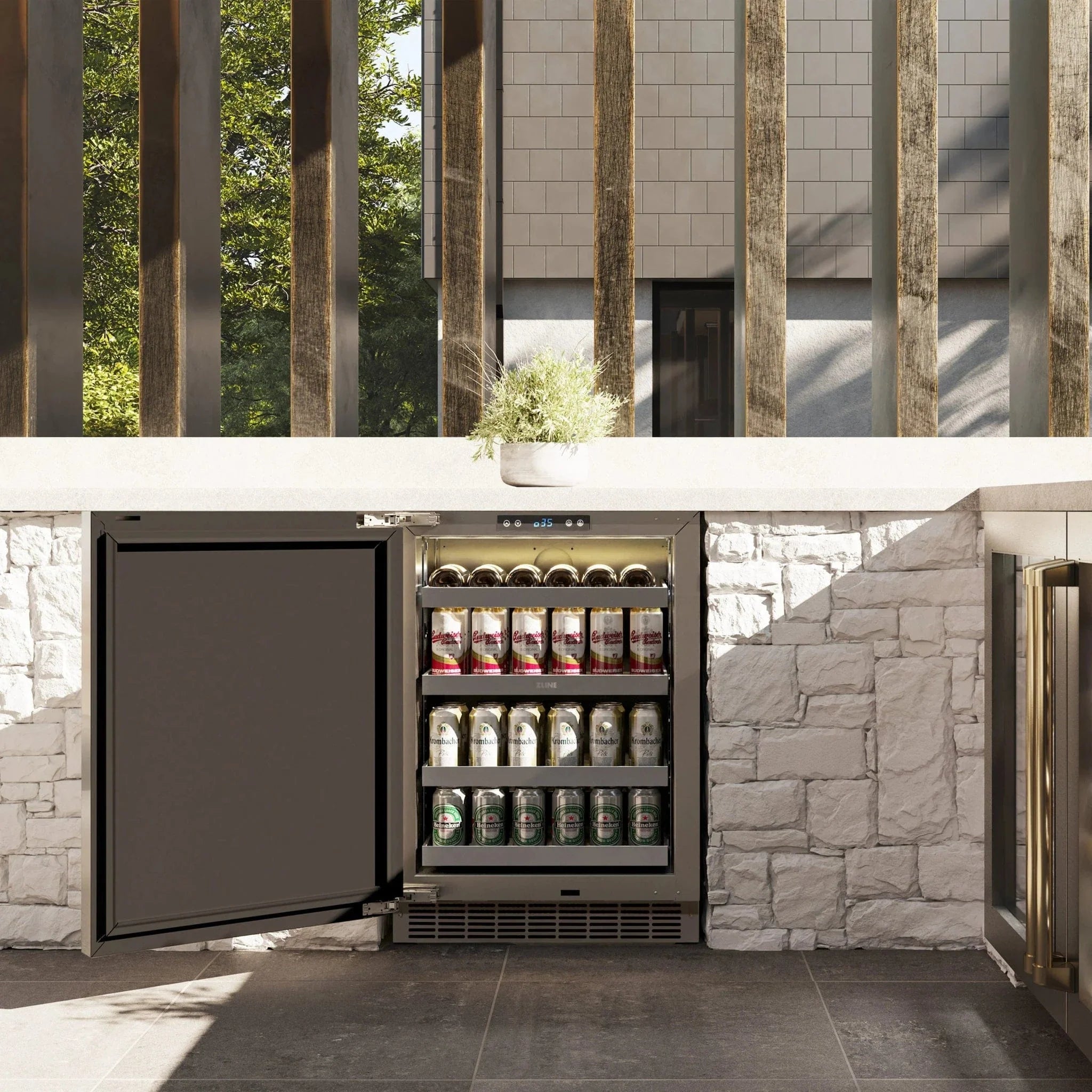 ZLINE 24 in. Touchstone Beverage Fridge, Solid Stainless Door, Polished Gold Handle RBSOZ-ST-24-G