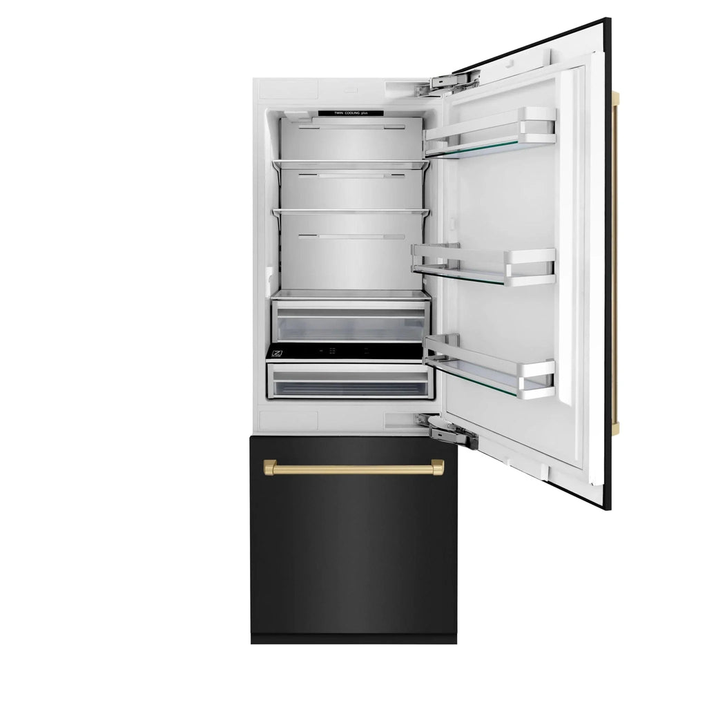 ZLINE 30" Autograph 16.1 cu. ft. 2-Door Bottom Freezer Fridge Water/Ice Dispenser Black Stainless Steel Champagne Bronze Accents RBIVZ-BS-30-CB