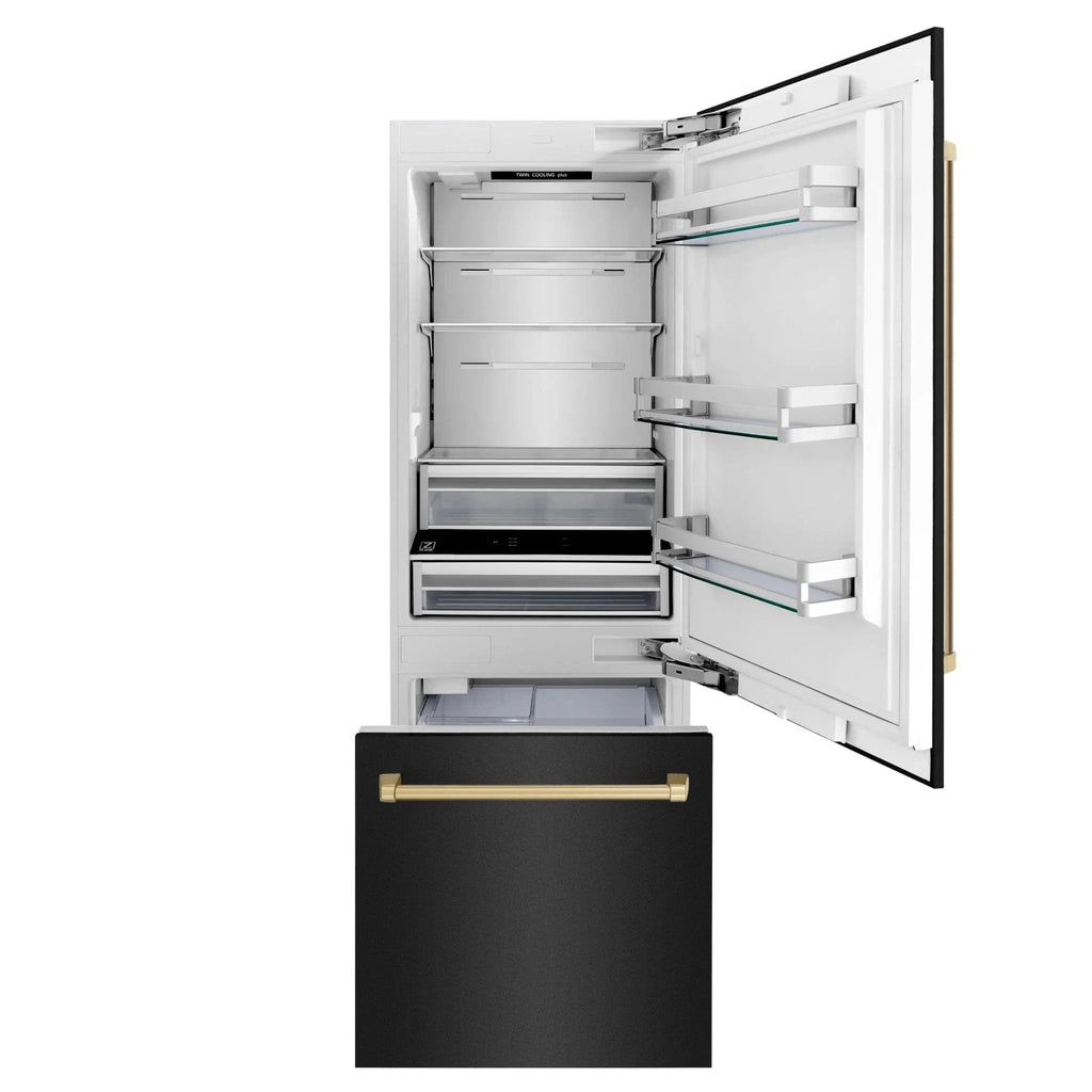 ZLINE 30" Autograph 16.1 cu. ft. 2-Door Bottom Freezer Fridge Water/Ice Dispenser Black Stainless Steel Champagne Bronze Accents RBIVZ-BS-30-CB
