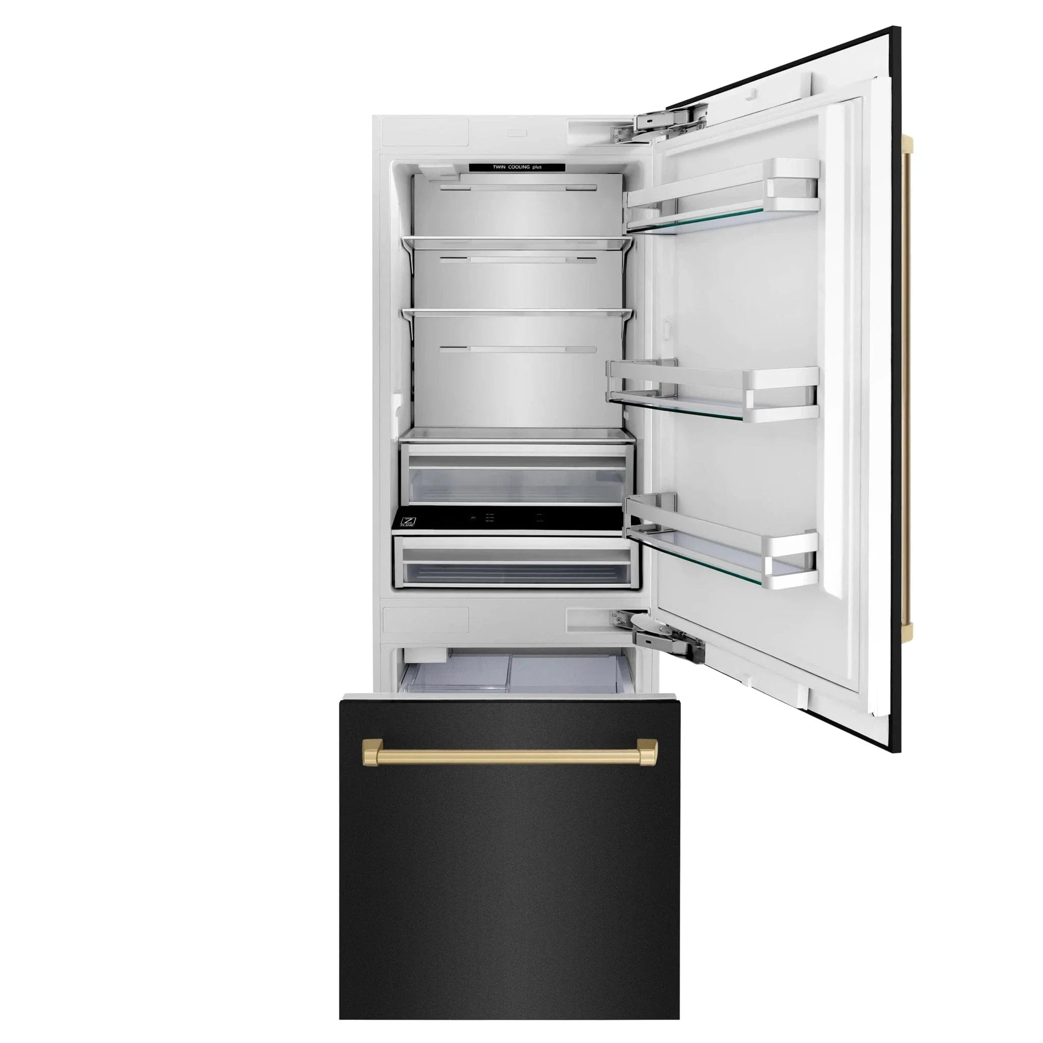 ZLINE 30" Autograph 16.1 cu. ft. 2-Door Bottom Freezer Fridge Water/Ice Dispenser Black Stainless Steel Champagne Bronze Accents RBIVZ-BS-30-CB