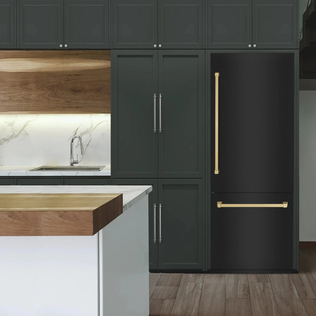 ZLINE 30" Autograph 16.1 cu. ft. 2-Door Bottom Freezer Fridge Water/Ice Dispenser Black Stainless Steel Champagne Bronze Accents RBIVZ-BS-30-CB