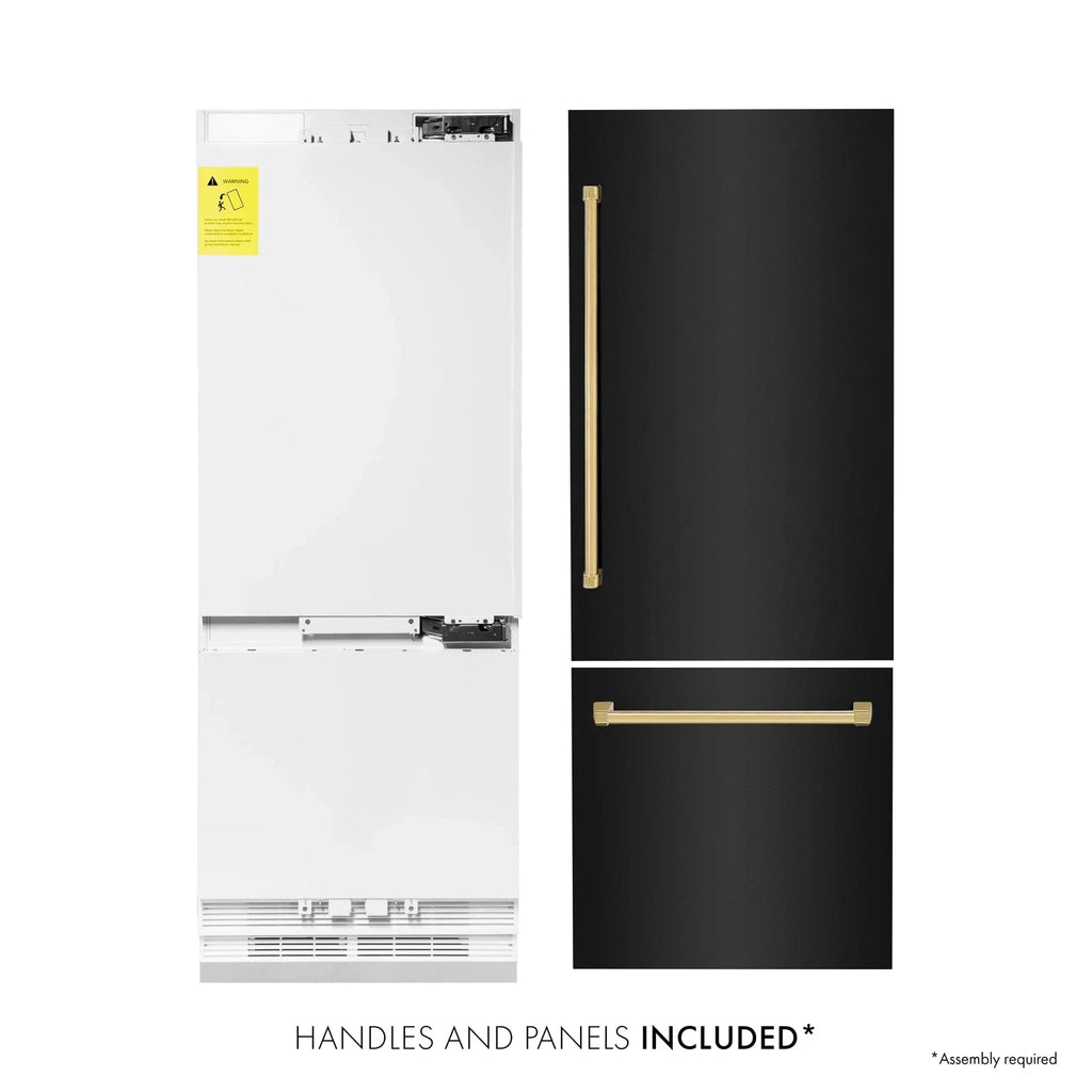 ZLINE 30" Autograph 16.1 cu. ft. 2-Door Bottom Freezer Fridge Water/Ice Dispenser Black Stainless Steel Gold Accents RBIVZ-BS-30-G