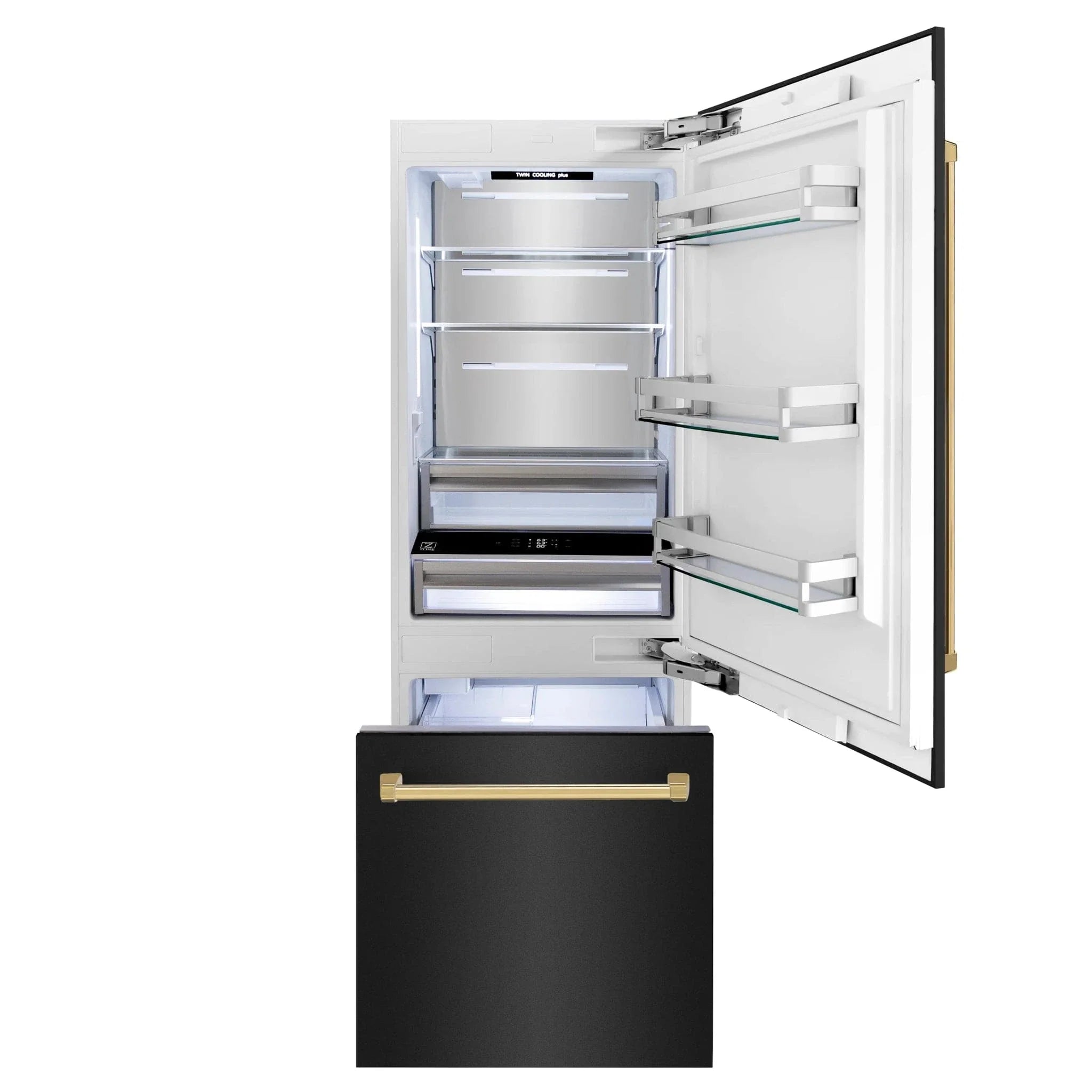 ZLINE 30" Autograph 16.1 cu. ft. 2-Door Bottom Freezer Fridge Water/Ice Dispenser Black Stainless Steel Gold Accents RBIVZ-BS-30-G