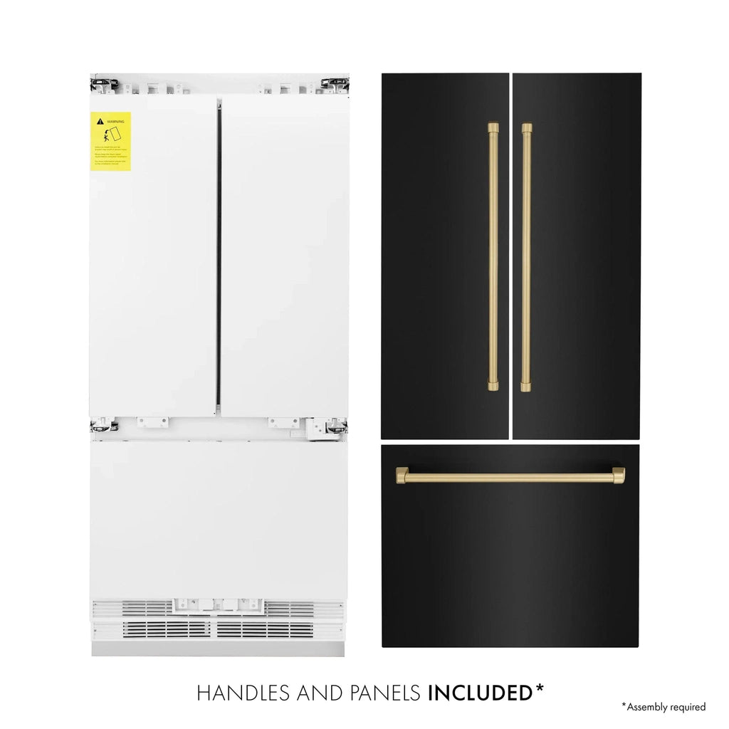 ZLINE 36" Autograph 19.6 cu. ft. 3-Door French Door Fridge Water/Ice Dispenser Black Stainless Steel Champagne Bronze Accents RBIVZ-BS-36-CB