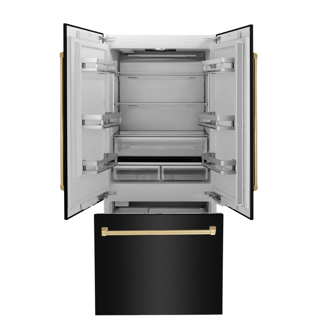 ZLINE 36" Autograph 19.6 cu. ft. 3-Door French Door Fridge Water/Ice Dispenser Black Stainless Steel Gold Accents RBIVZ-BS-36-G