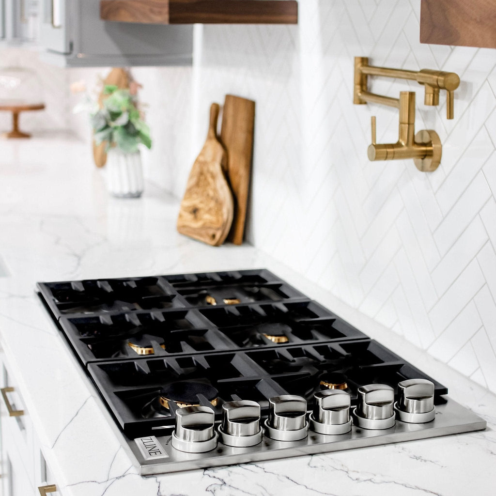 ZLINE 36" Gas Cooktop with 6 Gas Brass Burners and Black Porcelain Top RC-BR-36-PBT