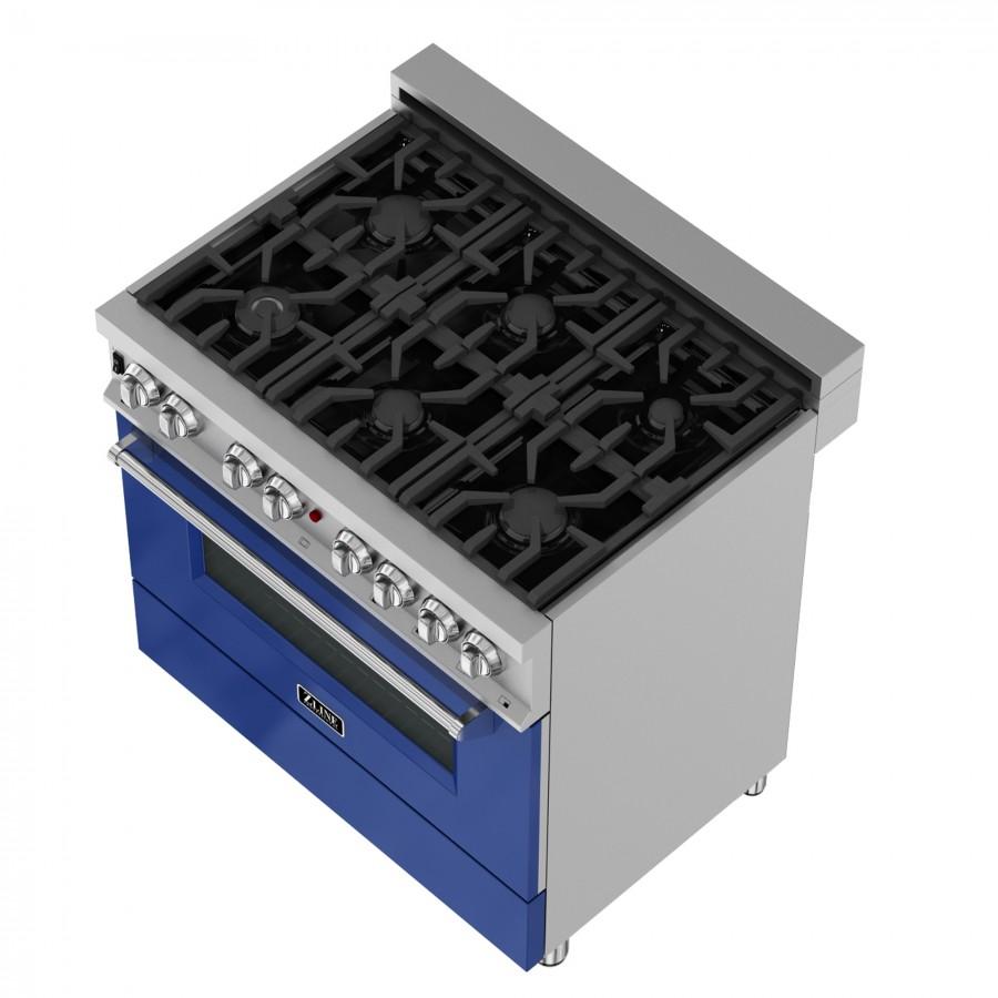 ZLINE 36" Professional Dual Fuel Range in Snow Stainless, Blue Gloss Door, RAS-BG-36