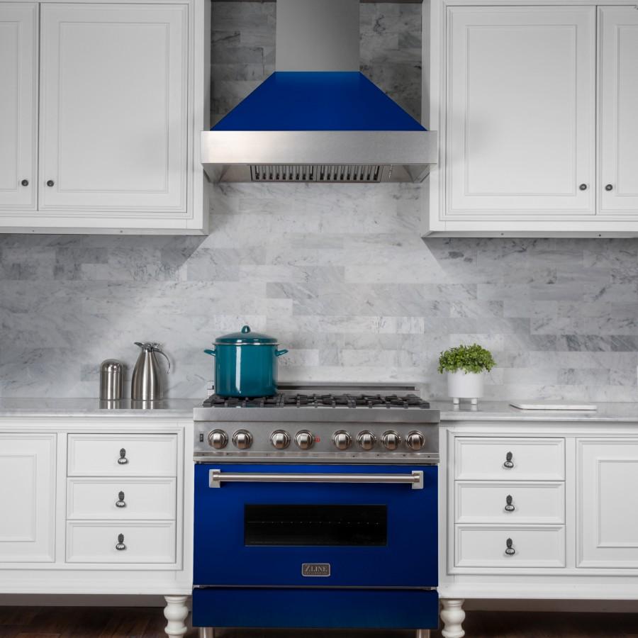 ZLINE 36" Professional Dual Fuel Range in Snow Stainless, Blue Gloss Door, RAS-BG-36