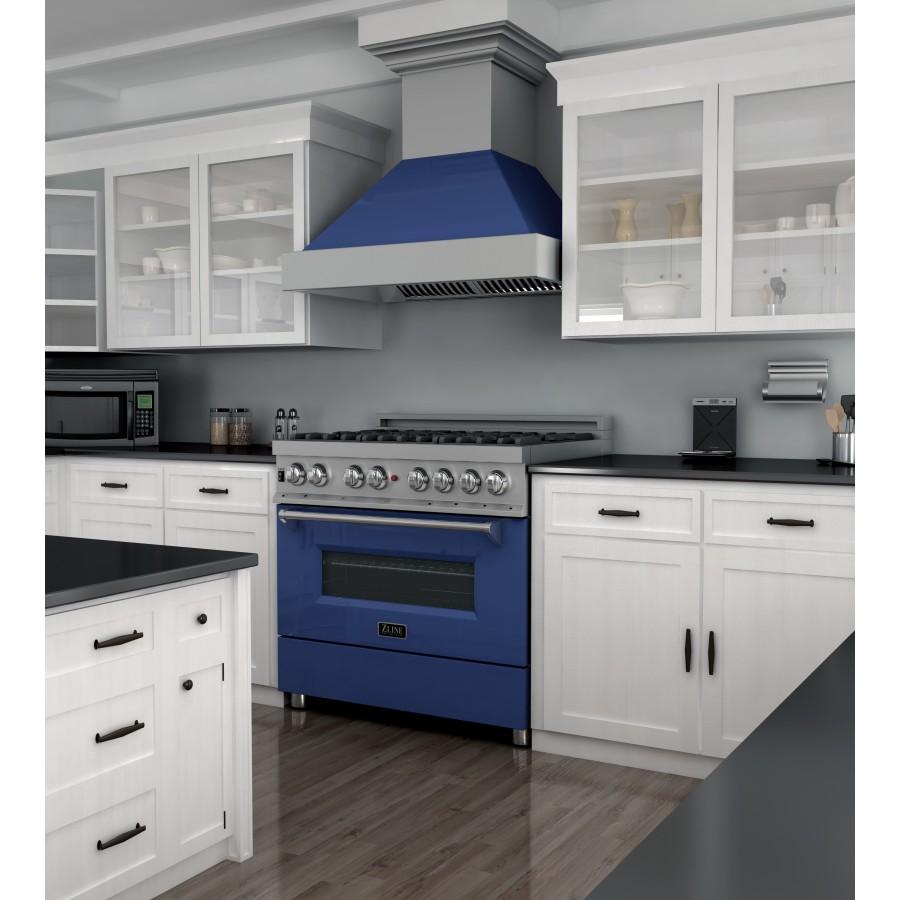 ZLINE 36" Professional Dual Fuel Range in Snow Stainless, Blue Gloss Door, RAS-BG-36