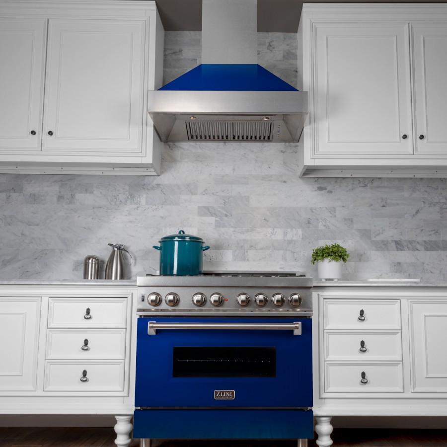 ZLINE 36" Professional Dual Fuel Range in Snow Stainless, Blue Gloss Door, RAS-BG-36