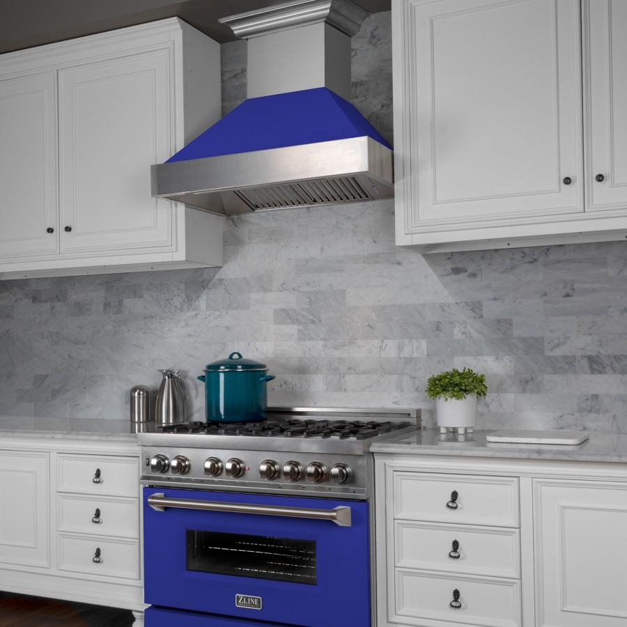 ZLINE 36" Professional Dual Fuel Range, Snow Stainless, Blue Matte Door, RAS-BM-36