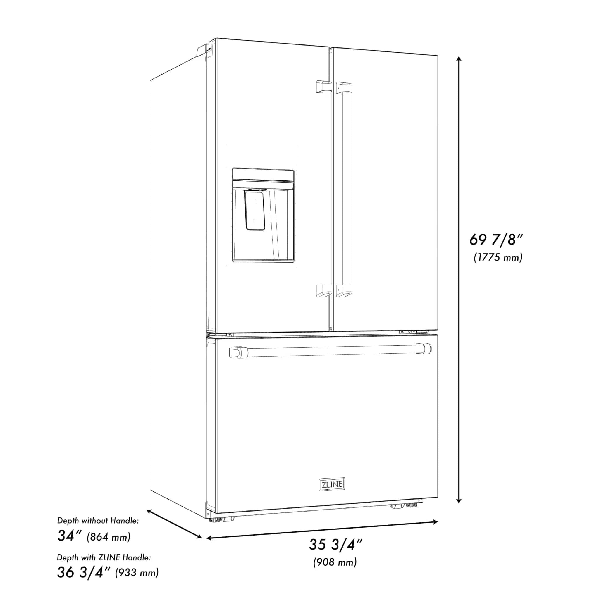 ZLINE 36" Refrigerator, Water, Ice Dispenser, Fingerprint Resistant, RSMZ-W-36-G