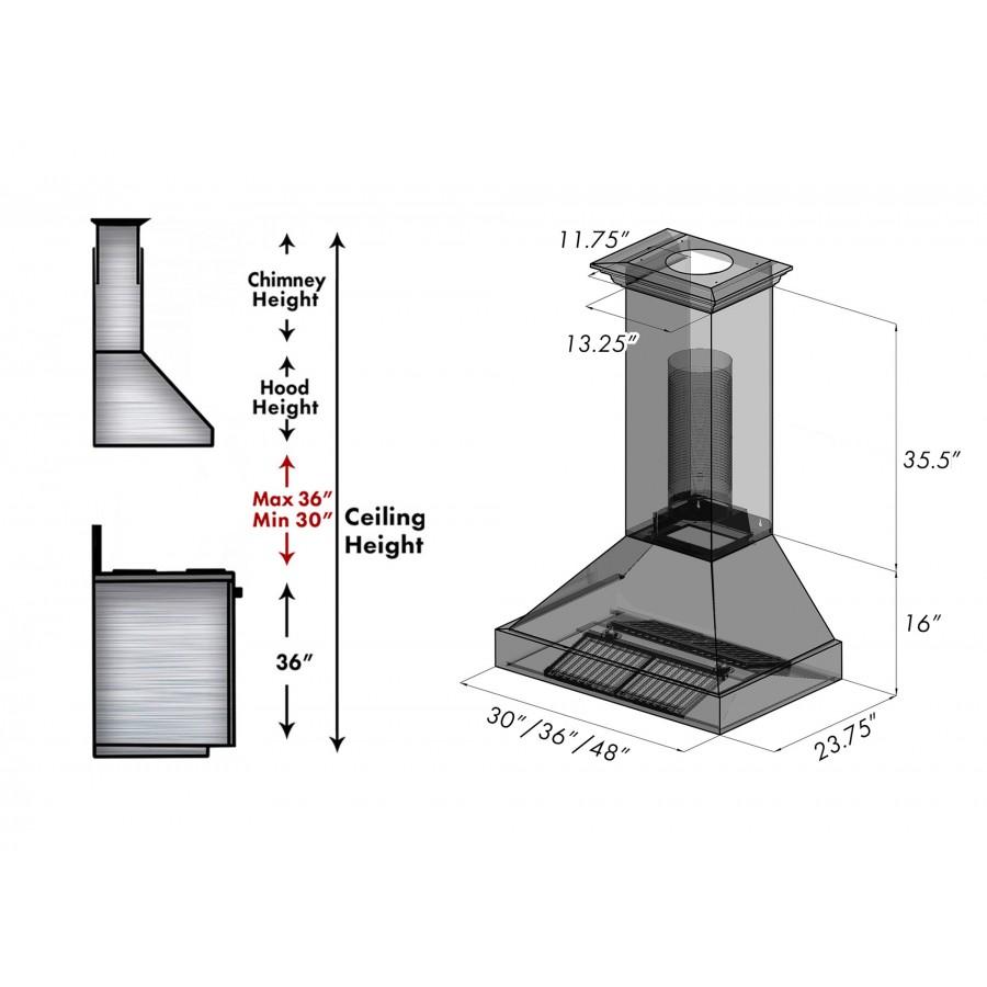 ZLINE 36" Snow Finish Wall Range Hood, Red Gloss Shell, 8654RG-36