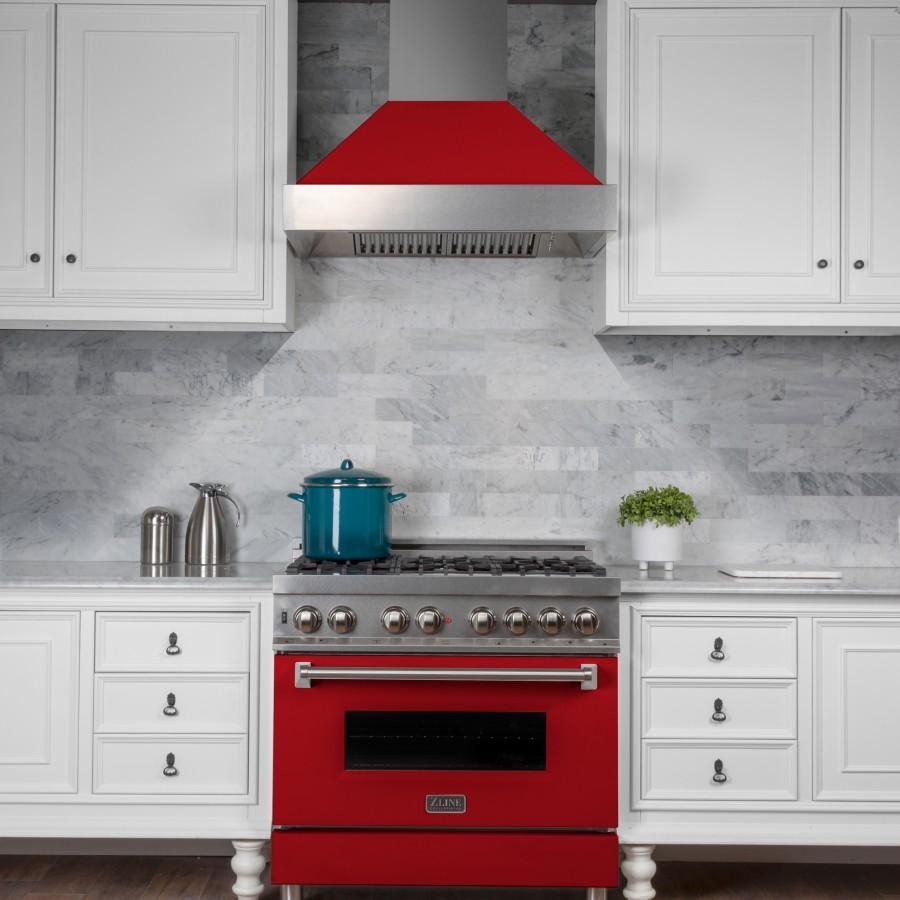 ZLINE 36" Snow Finish Wall Range Hood, Red Matte Shell, 8654RM-36