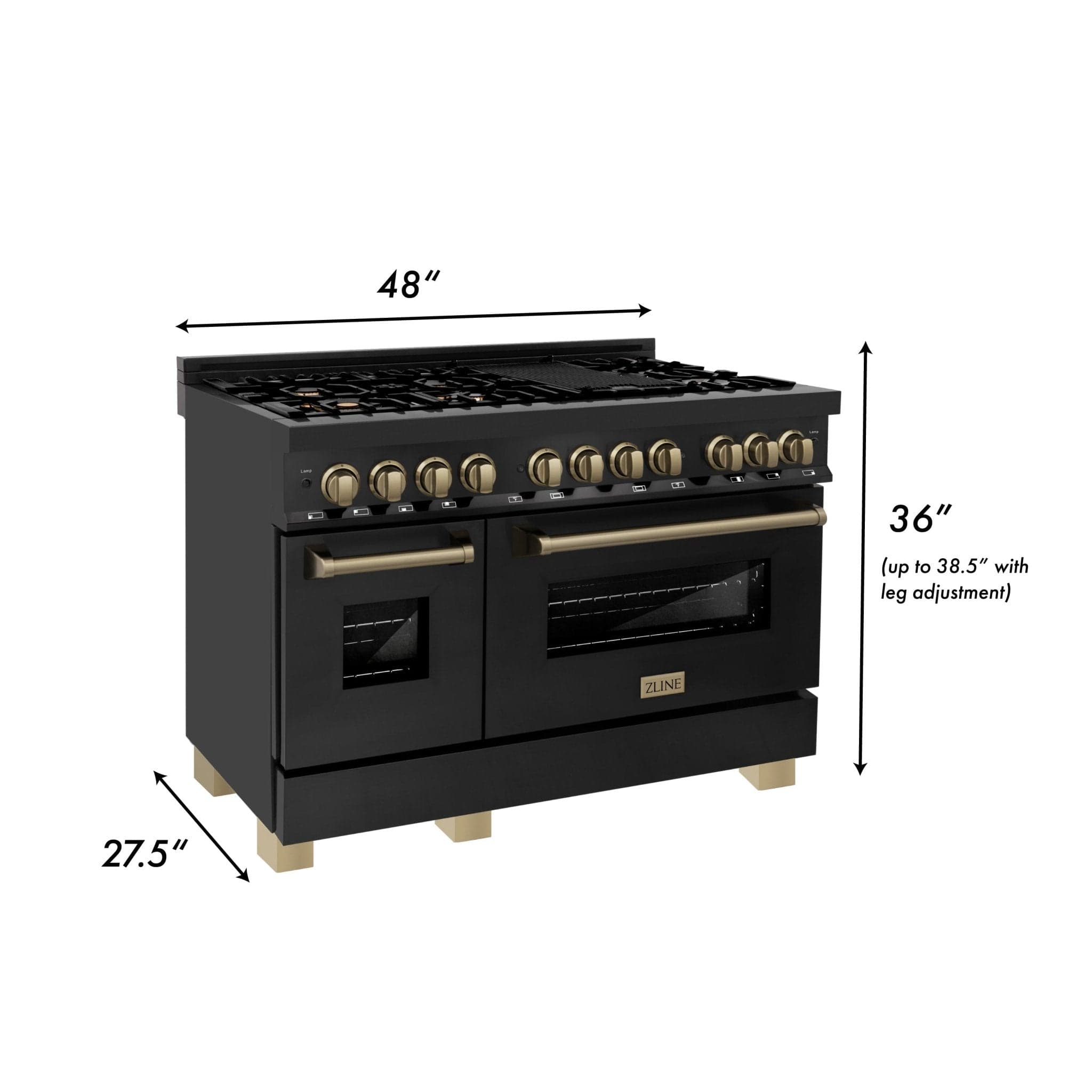 ZLINE 48" Autograph Dual Fuel Range, Black Stainless, Gold, RABZ-48-G