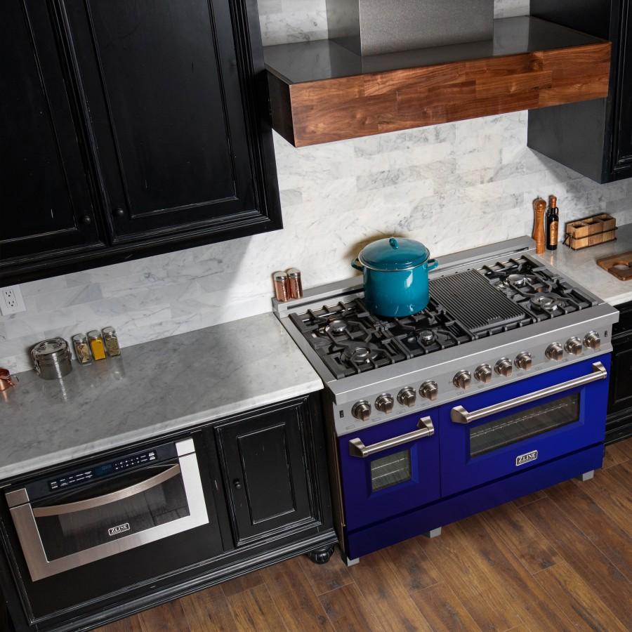 ZLINE 48" Dual Fuel Range in Snow Stainless, Blue Gloss Door, RAS-BG-48