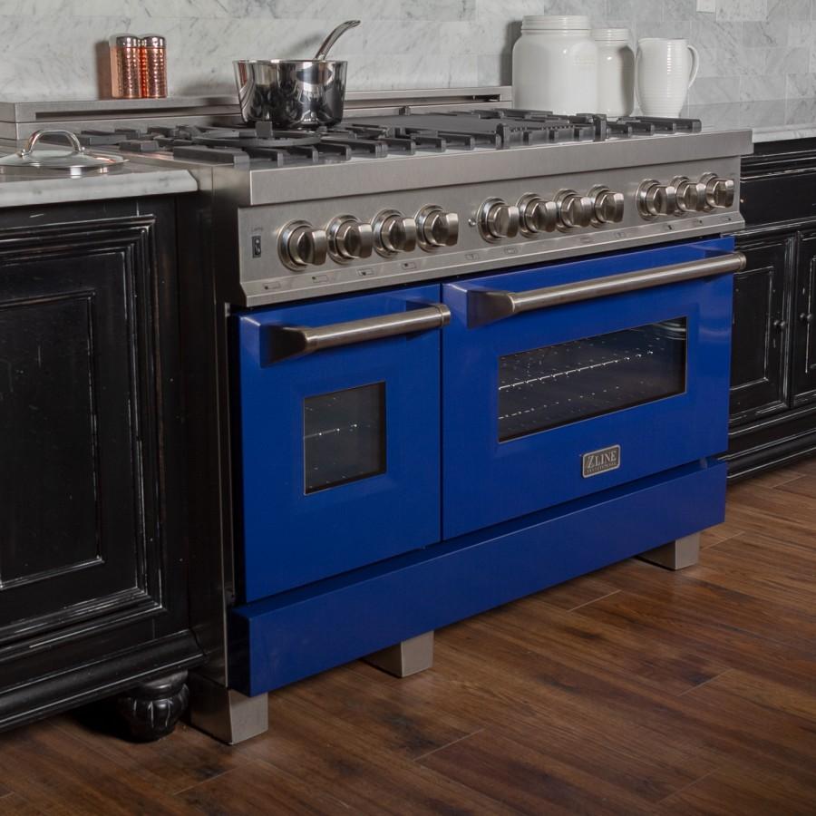 ZLINE 48" Dual Fuel Range in Snow Stainless, Blue Gloss Door, RAS-BG-48