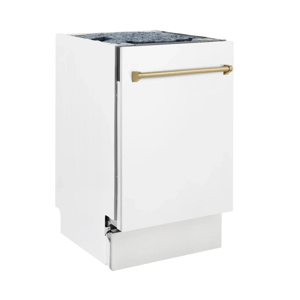 ZLINE Autograph 18" Dishwasher White Door, Bronze Handle DWVZ-WM-18-CB