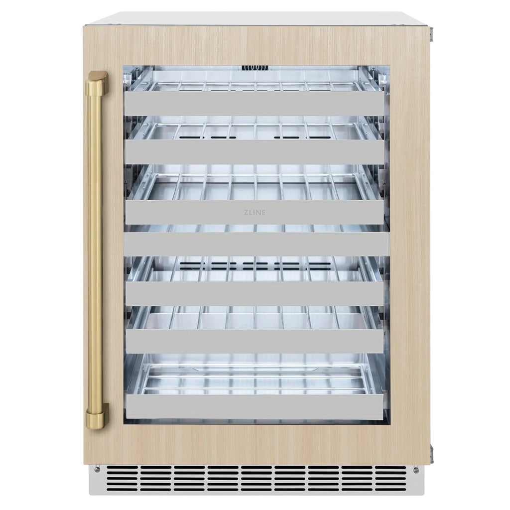 ZLINE Autograph 24 in. Dual Zone 44 Bottle Wine Cooler With Panel Ready Glass Door And Champagne Bronze Handle RWDPOZ-24-CB