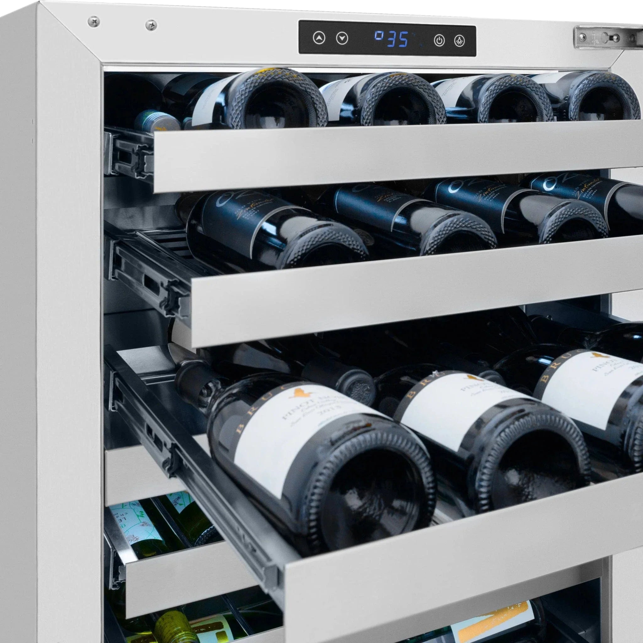 ZLINE Autograph 24 in. Dual Zone 44 Bottle Wine Cooler With Stainless Steel Glass Door And Polished Gold Handle RWDOZ-GS-24-G