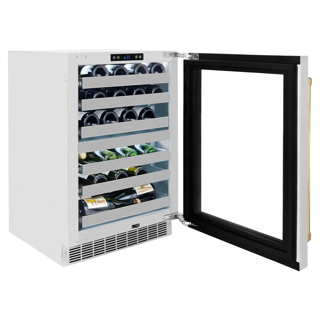 ZLINE Autograph 24 in. Dual Zone 44 Bottle Wine Cooler With Stainless Steel Glass Door And Polished Gold Handle RWDOZ-GS-24-G