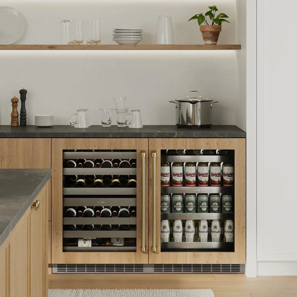 ZLINE Autograph 24 in. Dual Zone 44 Bottle Wine Cooler With Stainless Steel Glass Door And Polished Gold Handle RWDOZ-GS-24-G