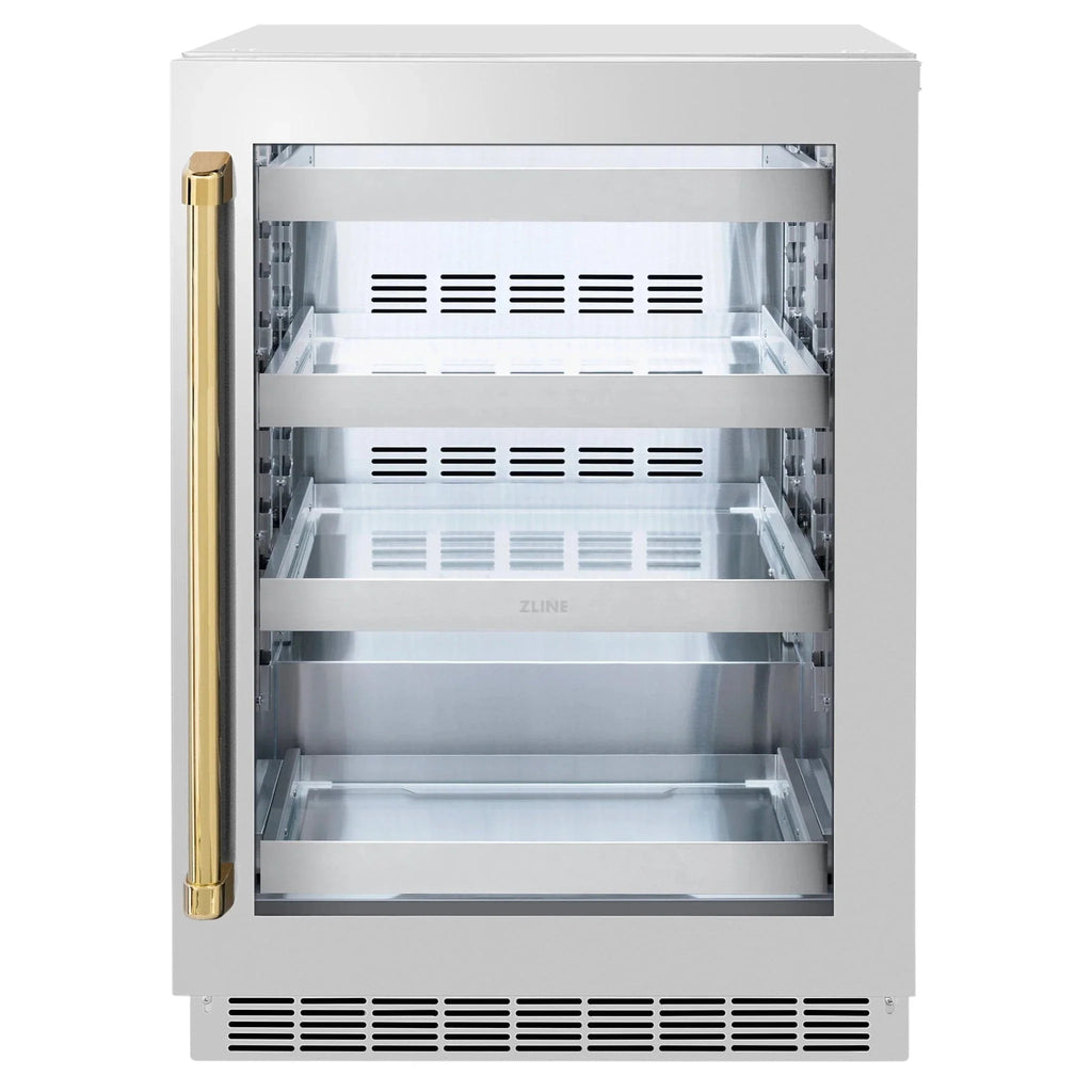ZLINE Autograph Edition 24 in. Touchstone 151 Can Beverage Fridge With Stainless Steel Glass Door And Polished Gold Handle RBSOZ-GS-24-G