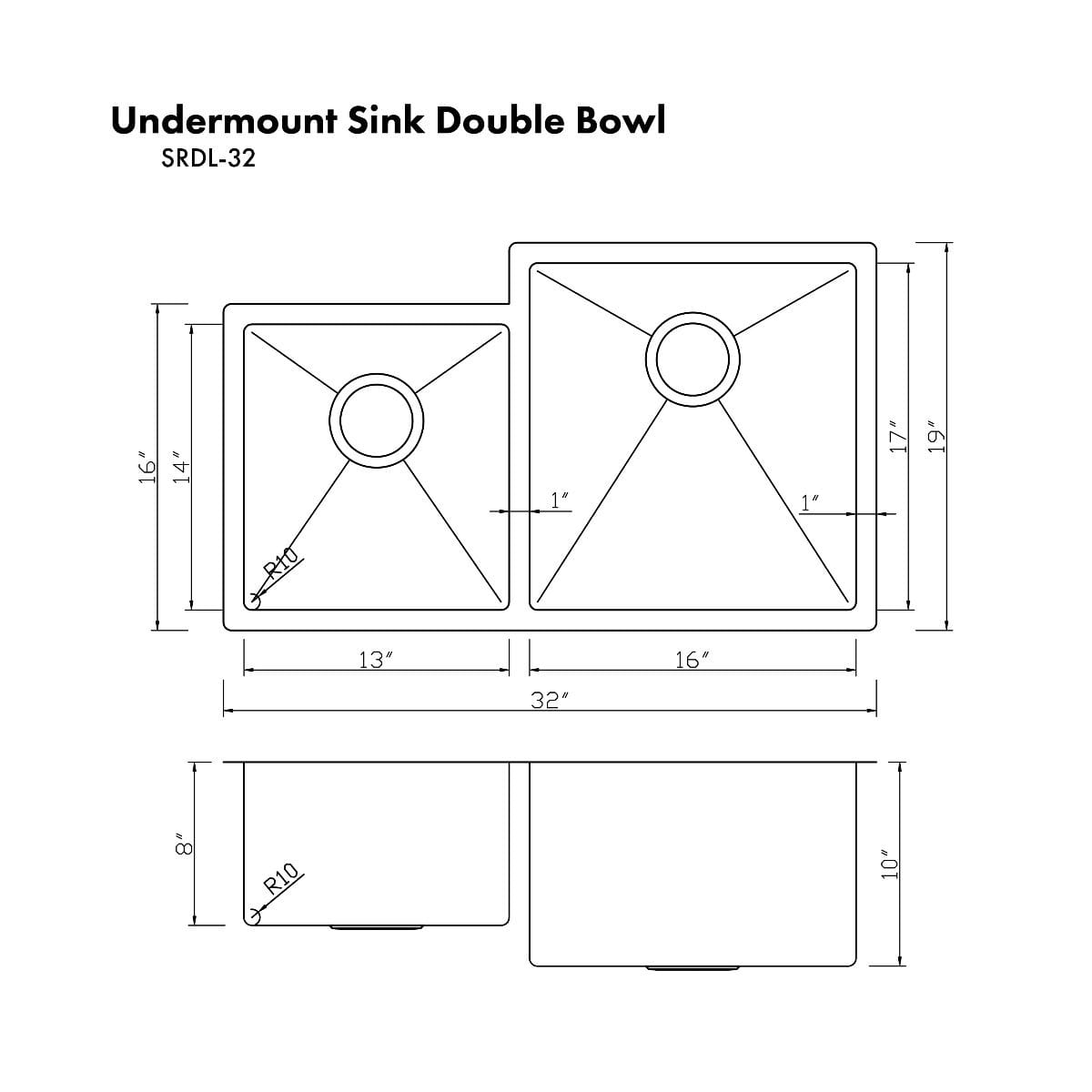 ZLINE Jackson 32"  Undermount Double Bowl Sink In Stainless Steel, SRDL-32