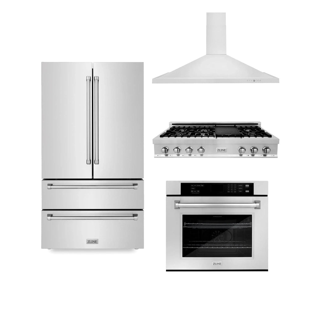 ZLINE Kitchen Package Refrigerator, Rangetop, Rangehood, Wall Oven, 4KPR-RTRH48-AWS